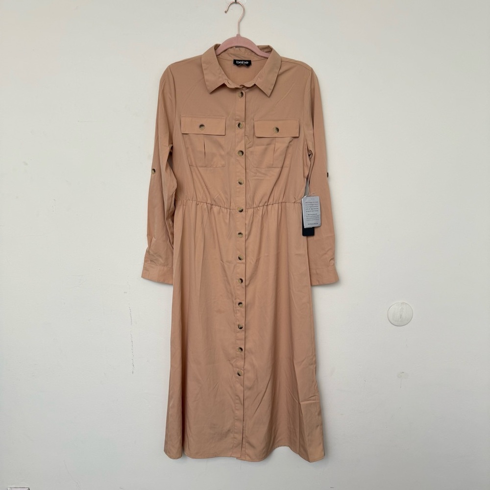 Bebe Casual Belted Midi Shirt Long Sleeve Dress with Classic Collar